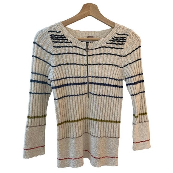 Free People Striped Rossi Rib Cotton Half Zip Pullover Sweater M - Picture 1 of 8